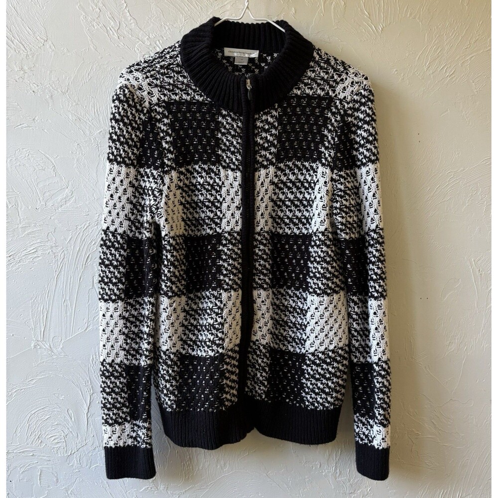 Christopher & Banks Womens M Black White Plaid Knit Mock Neck Full Zip Cardigan